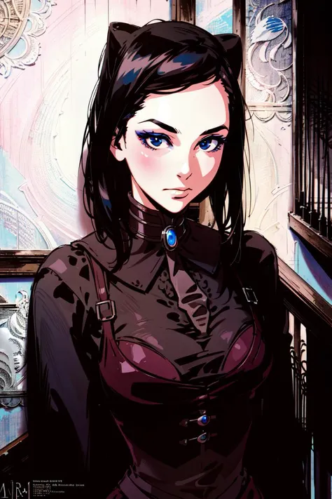 ultra realistic 8k cg, masterpiece, ((ultra detailed background, delicate pattern, intricate detail)), (highly detailed, fine details), best quality, 1girl, (photorealistic:1.4),beautiful lighting, absurdres, RAW photo, film grain, 1girl, solo, blue eyes, eyeshadow, closed mouth, eyeliner, cowbot shot, (inside, complex detailed background, stairway, stairs, old building environment), Re-l, <lora:Ergo10:0.9>, <lora:BeautifulDetailedEyes:0.3>
