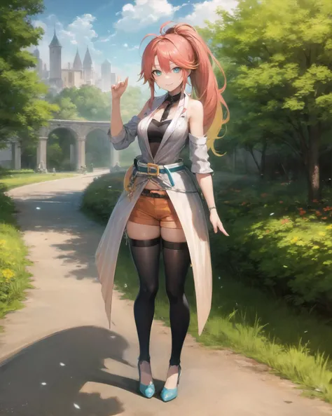 best quality, (masterpiece:1.2), illustration, absurdres,
(1girl, solo), (beautiful detailed girl),
<lora:Judith-11:0.9>, Judith Ranster, orange hair, streaked hair, multicolored hair, ponytail, ahoge, aqua eyes, small breasts,
crop top, open dress, detached sleeves, belt, orange shorts, black thighhighs, aqua high heels,
magical forest, flowers, fairy ring, glowing plants, ancient ruins, stone ruins, sky, clouds,,
smile, looking at viewer,