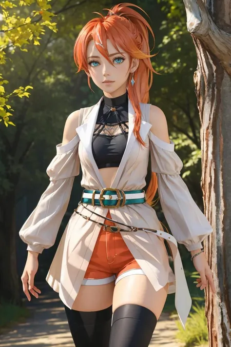 professional photo of Judith Ranster, orange hair, streaked hair, multicolored hair, ponytail, ahoge, aqua eyes, BREAK crop top, open dress, detached sleeves, belt, orange shorts, black thighhighs, aqua high heels, (looking at viewer:1.2),
detailed skin, detailed eyes, volumetric light, highrez, masterpiece, best quality, magical mushroom forest,
<lora:Judith-11:0.9:MIDD>