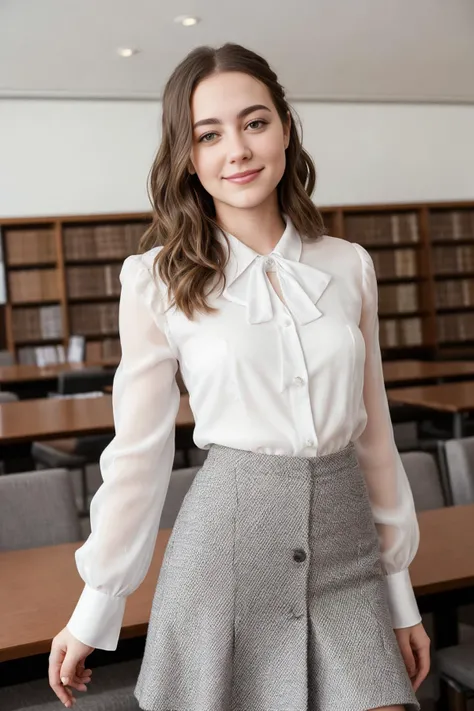 50mm f1.2, masterpiece photograph of
cute 19 year old j emmafuhrmann flirty smile, eye contact
wearing see-through white silk blouse, grey tweed wool skirt
, detailed glossy eyes, sharp focus, hyper-detailed,
university library interior