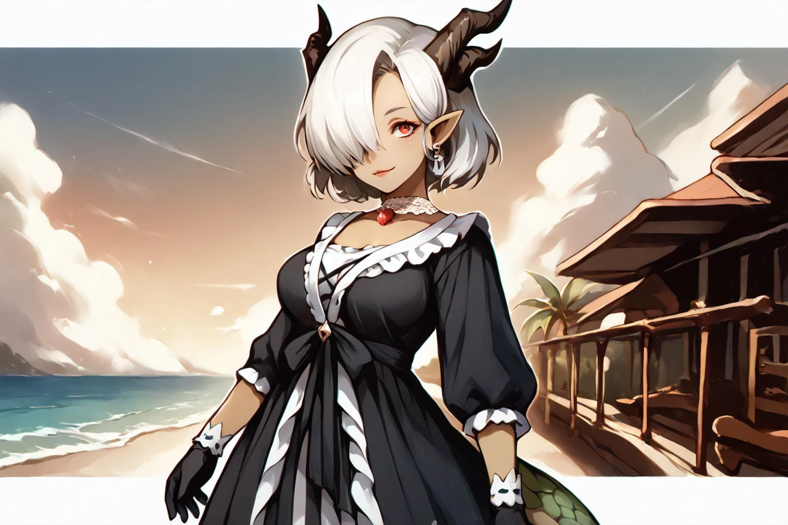 score_9, score_8_up, score_7_up, score_6_up, score_5_up, source anime, BREAK, (cowboy shot), smile, closed mouth, (dark skin), daytime, clouds, sky, vacation, resort, bar, bright colors, looking at viewer, 1girl, medium hair, (inverted bob), earring, lace, (hair over one eye), red eye, jewelry, gloves, lace choker, gem, white hair, large breasts, (giant girl), <lora:LFashionPDXL:0.95> , (zzLFashion), frilled dress, (long dress), frills, bow, layered clothing, ribbon, black frilled dress, striped thighhighs, floral print, <lora:dragon_girl_pony:1> , (dragon girl, dragon horns, dragon tail, pointy ears, scales), <lora:e10_pdxl6:1> , e10_style,