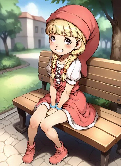 score_9,score_8_up,score_7_up,score_6_up, e10_style,
1girl, solo, long hair, blush, grin, looking at viewer, blonde hair, blue bracelet,  dress, sitting, on bench, purple eyes, full body, braid, short sleeves, puffy sleeves, blunt bangs, twin braids, puffy short sleeves, red dress, red headwear, hair over shoulder, hand between legs, outdoors, veronica \(dq11\)
<lora:e10_pdxl6:1>