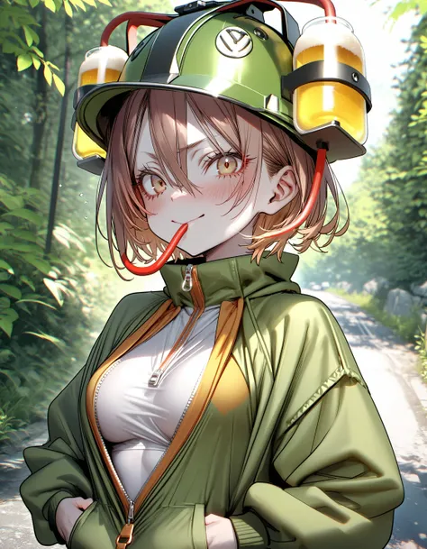 beer hat, 1girl, tube in mouth,
pottsness, solo, mouth hold, hands in pockets, jacket, short hair, outdoors, upper body, helmet, blush, brown hair, hair between eyes, zipper, closed mouth, brown eyes, long sleeves, green jacket, green headwear, smile, day, medium breasts, zipper pull tab, looking at viewer
<lora:concept_beerhat-v2.8.2-rls:1>