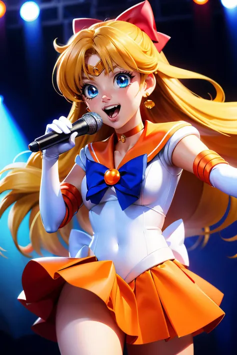 sailorvenus,long blonde hair, blue eyes, red hair bow, white elbow gloves, circlet, earrings, choker, orange sailor senshi uniform, orange skirt, looking happy, mouth open, singing, on stage, holding microphone, concert, neon lighting, high quality, masterpiece, <lora:MinakoAino_sailorvenus:.8>