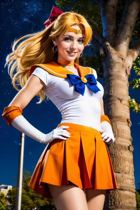 masterpiece, Highest quality, High resolution, Venus 1, One girl, alone, Sailor Warrior Uniform, Sailor Venus, aino minako, Blonde, Magical girl, blue eyes, Orange Skirt, Elbow hand pockets, tiara, Pleated skirt, Hair Ribbon, Orange sailor collar, mini skirt, choker, Red Bow, orange choker, White gloves, Very long hair,  jewelry,  Earrings, Cowboy Shot, smile,,More detailed 8K.Unreal Engine:1.4,超High resolution,La Highest quality:1.4, Realistic:1.4, Skin Texture:1.4, masterpiece:1.8,first work, Highest quality,Object Object], (Detailed facial features:1.3),(Fine hand:1.4),(Apocalyptic destroyed cityscape:1.4), (Sailor Venus:1.4)