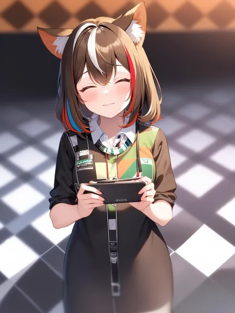 checkered, checkered_floor, checkered_background, multicolored_hair, streaked_hair, argyle, blurry, closed_eyes, orange_background, 1girl, solo, checkered_flag, brown_hair, virtual_youtuber, argyle_background, animal_ears, depth_of_field, blurry_background