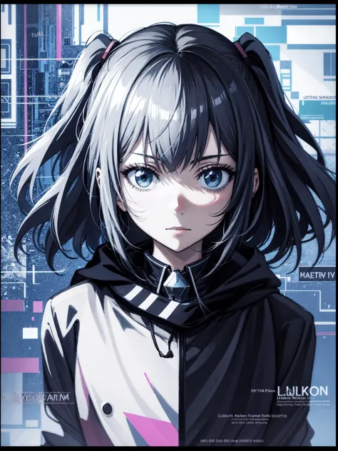 cute anime face, (best quality), (ultra-detailed) , (best illustration), (extremely delicate and beautiful},album cover, album, album description, error, glitch lumpon face,(glitch art:1.5), Pixilation on face,Double exposure, Chromatic Aberration, Light leaks, Noise and grain, Color degradation, Glitch lettering,design,1 girl, art, abstract art, (flat_chest, short red hair, short wavy hair,floating black jacket, white school uniform, white beret,bowknot over white beret , floating black feathers:0.5), geometry, clear lines, squares, bright, limited palette