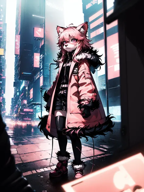 ((best quality)),(((masterpiece))),(highres),original,extremely detailed 8K wallpaper,(an extremely delicate and beautiful pink female furry:1.5),(coat),(cyberpunk),(spirit),(beautiful detailed eyes),world masterpiece theater,depth of field,(pink kemono),(full fur:1.5),hairy,(animal fluff:1.4),