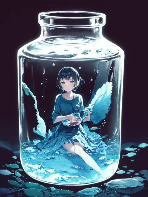 [(black background:1.5),::5] (Bottle bottom:0.9), isometric,
(illustration), (watercolor:1.05), (((an extremely delicate and beautiful))),(water:1.3)
//
(Deep-sea phobia:1.5),(Deep-sea:1.5),The drowning girl is slowly sinking,Underwater,Drowning, on water,Underwater, Panorama, wide angle,girl,solo,desperate and crazy expression,frown,expressionless,dark_persona,Despair, fear, darkness, claustrophobia, underwater world, deep sea,
//
(broken glass jar:1.15), (girl in jar:1.35):(girl)
(The girl was soaked in (a whole transparent glass incubator)),