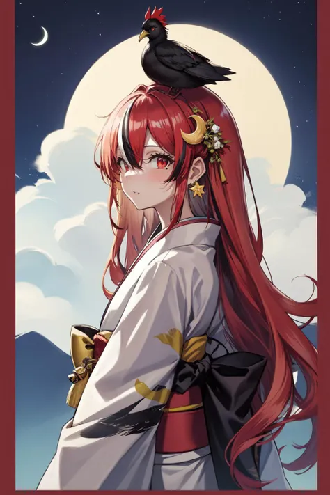 star_\(sky\), starry_sky, cloud, sky, moon, night, night_sky, shooting_star, crescent_moon, black_hair, solo, long_hair, space, looking_at_viewer, cloudy_sky, 1girl, upper_body, earrings, fire, constellation
1girl, japanese clothes, bird, kimono, red eyes, solo, long hair, sash, looking at viewer, white hair, hair over one eye, obi, bangs, upper body, hair ornament, multicolored hair, yellow kimono, mole under eye, blush, mole, closed mouth, earrings, from side, jewelry, animal, floral print, border, white border, red hair, looking to the side, streaked hair, sidelocks, long sleeves, eyes visible through hair, orange kimono, parted lips, animal on head, very long hair, crane (animal), chinese zodiac, chicken, hair between eyes, bird on head, bell, new year, on head, chick, moon, print kimono, outside border, two-tone hair, hair flaps, obijime, jingle bell, gradient hair, tassel