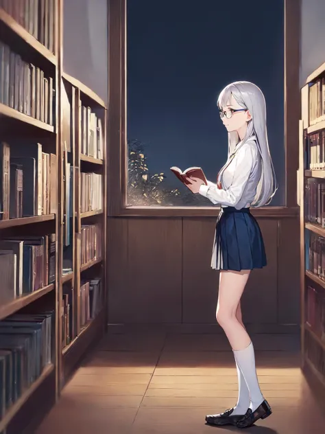 (delicate face:1.5),(Simple and clean style:1.5),(masterpiece), 8k wallpaper, illustration,1 girl, (solo:1.6),(silver long hair), (glasses), standing, reading book, in library, (look at book:1.4),[warm light], (bookshelf), (book stack), [white shirt|blouse], [high waist skirt], (pleated), (flared), (silver buckle), [black stockings], (loafers), [silver frame glasses], [slight smile], [(gazing)|(looking down)], (dynamic angle), (no light), (night:1.3), [(book cover visible)|(book title visible)], (silent atmosphere), (peaceful), [(serene)|(thoughtful)], (bookworm), (nerd)