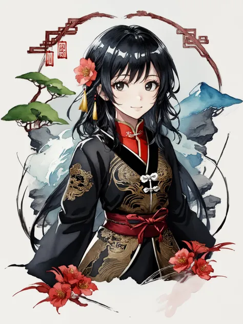 (upper body: 1.5),(white background:1.4), ((tachi-e)), original,(illustration:1.1),(best quality),(masterpiece:1.1),(extremely detailed CG unity 8k wallpaper:1.1), (colorful:0.9),(panorama shot:1.4),(full body:1.05),(solo:1.2), (ink splashing),(color splashing),((watercolor)), clear sharp focus,1girl standing ,((chinese style )),(flowers,woods),outdoors,rocks, looking at viewer, make happy expressions,soft smile,pure,beautyfull detailed face and eyes,beautyfull intricacy clothing decorative pattern details, black hair,black eyes,colorwater