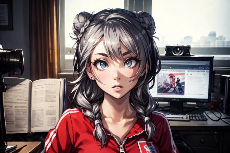 an awarded profesional photography of 1girl myamays with Athletic triangle body and Flat Chest with Deep blue eyes eyes and Bold eyebrows and orange Tomato Soup Red braided bun, Sporting a sheer mesh tracksuit, making a bold statement with an athletic-inspired fashion doyagao, playing a video game in apartment ,(epic scene:1.3),ultradetialed character with perfect face,detailed skin,(ultrasharp:1.3),(masterpiece:1.1),best quality,(photorealistic:1.2),ultrarealistic,realistic ultradetailed character,4k perfect quality, <lyco:GoodHands-beta2:1> by Georges Mlis Automotive Lighting camera feet out of frame Magnificent,Imperceptible detail,Intricately designed, (perfect quality face:1.5) hyper-detailed complex, insanely detailed, detailed clothes, detailed skin, detailed body,