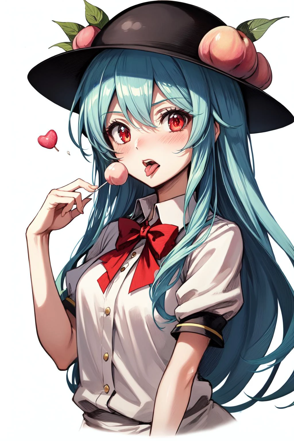 1girl, food, solo, hinanawi tenshi, hat, lollipop, blue hair, long hair, candy, red eyes, fruit, peach, tongue, licking, tongue out, swirl lollipop, leaf, looking at viewer, simple background, upper body, blush, open mouth, short sleeves, bow