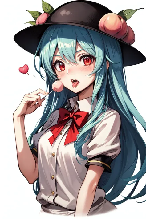 1girl, food, solo, hinanawi tenshi, hat, lollipop, blue hair, long hair, candy, red eyes, fruit, peach, tongue, licking, tongue out, swirl lollipop, leaf, looking at viewer, simple background, upper body, blush, open mouth, short sleeves, bow