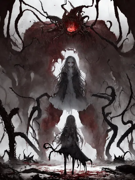 An exquisite and beautiful abyss,Terror, despair, blood, chaos, nothingness, Cthulhu, girl, evil,