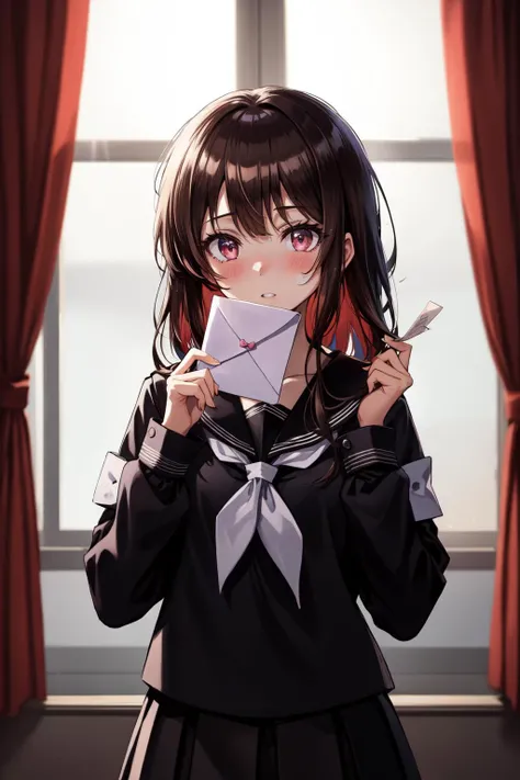 1girl, solo, holding, brown hair, looking at viewer, school uniform, parted lips, long hair, blush, neckerchief, bangs, serafuku, sailor collar, long sleeves, upper body, white neckerchief, holding envelope, hands up, shirt, indoors, black shirt, envelope, curtains, sunlight, black sailor collar, black serafuku, grey neckerchief, brown eyes, love letter, letter, holding letter, purple eyes, light particles, light rays, window, blurry, swept bangs, pink eyes, backlighting, eyelashes