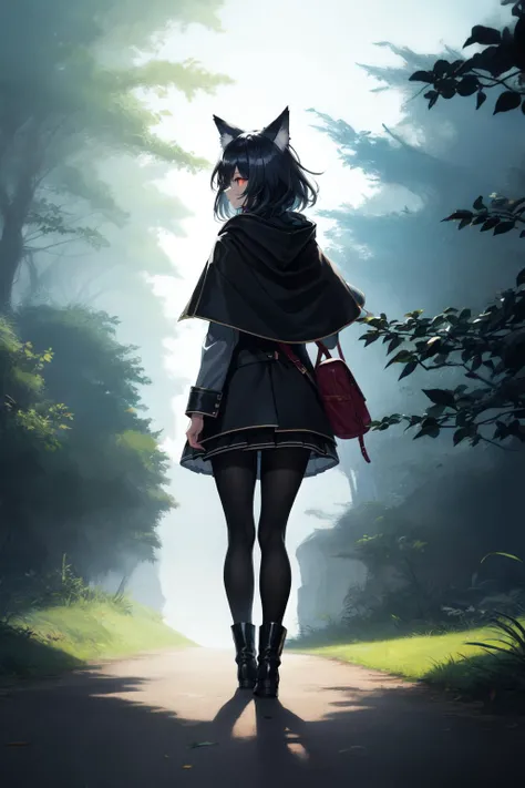 tree, nature, 1girl, forest, outdoors, wolf, glowing, standing, animal, oversized animal, scenery, flower, from behind, plant, bush, grass, bag, water, facing away, path, glowing eyes, solo, white headwear, backpack, fantasy, day, black hair, 1other, holding, short hair, cloak, long sleeves, hat, wide shot, size difference, pantyhose, black footwear, leaf, white hair, walking, animal ears, long hair, road, jacket, blue theme, medium hair, giant, white flower, shadow, boots, black pantyhose, cape, hood