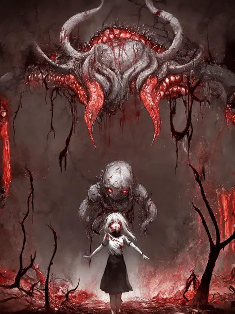 An exquisite and beautiful abyss,Terror, despair, blood, chaos, nothingness, Cthulhu, girl, evil,