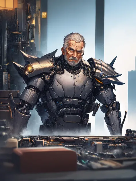 Clean and exquisite composition,A scene full of details,Exquisite and delicate and beautiful,The old man,Cyberpunk,Reformer,Physical transformation,Machine armour, mechanical prosthesis,cyborg,solo,