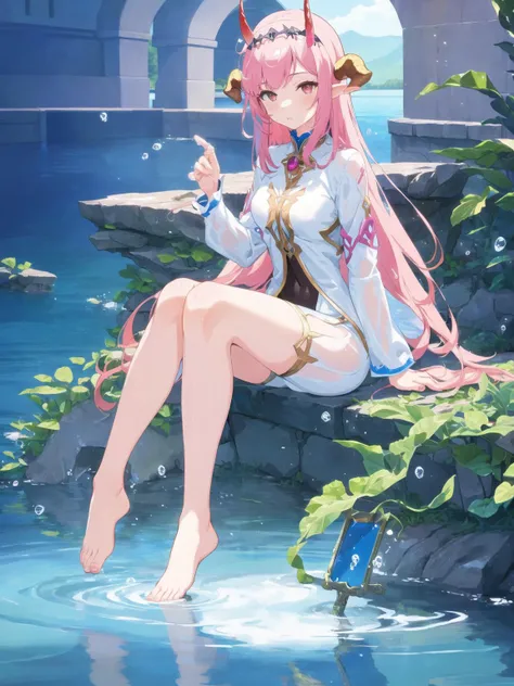 (masterpiece_1.2, best quality),ð,
//,
dynamic angle,original,(an extremely delicate and beautiful),Perfect details,(ultra-detailed),illustration,(fantasy:1.3),(extremely detailed CG unity 8k wallpaper),(depth of field),(full body:1.233),
(1girl:1.5),(detailed eyes),(pink hair:1.2),long hair,(expressionless),(gorgeous Silk Clothes),(On the vast lake:1.4),young girl,(an Axolotl girl),(++(six horns headdress) mirror symmetrically on her head:1.2),wet,flowing water,(an Axolotl),bubble,Water splash,
[[delicate fingers and hands:0.55]::0.85],(detail fingers),(yubao:0.5),