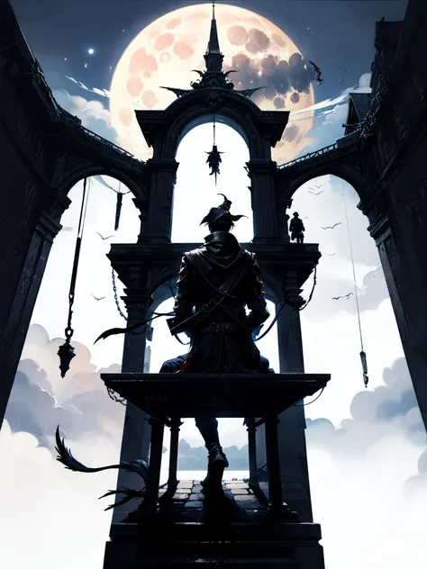 masterpiece, best quality, moon, full moon, sitting, 1boy, night, silhouette, solo, moonlight, hunter \(bloodborne\), glowing, male focus, from behind, backlighting