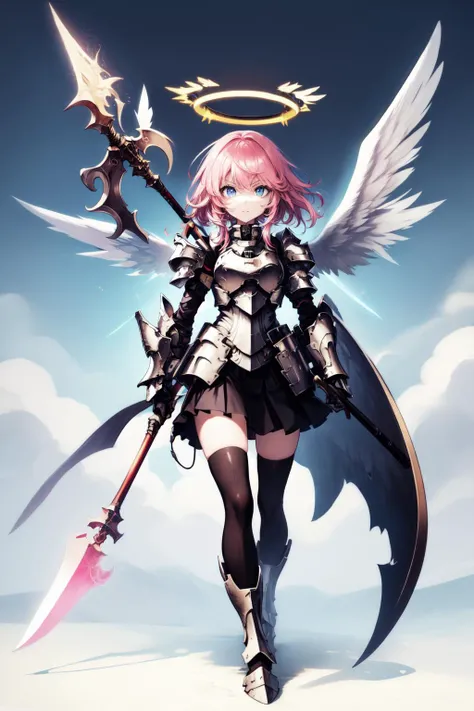 1girl, weapon, pink hair, blue eyes, solo, armor, halo, wings, sword, holding, holding weapon, angel, breastplate, gauntlets, looking at viewer, chibi, full body, holding sword, polearm, thighhighs