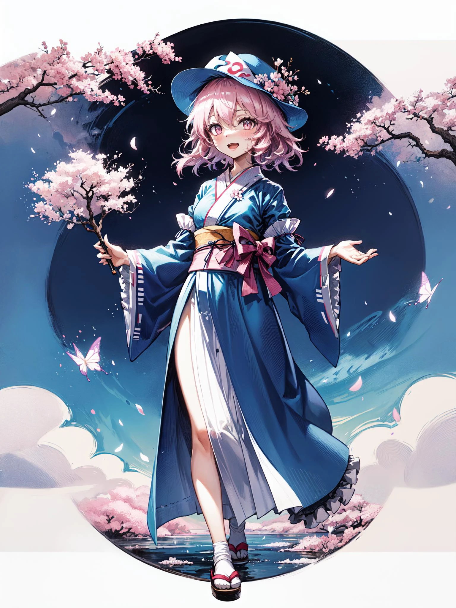 a girl in a blue dress holding a piece of cake in her hand and a moon in the background with pink flowers on it,and a purple background with white flowers and blue sky and pink,and white,and pink,bug,butterfly,cherry blossoms,full moon,moon,saigyouji yuyuko,petals,branch,hand fan,1girl,hat,tree,pink hair,triangular headpiece,night,folding fan,pink flower,flower,spring \(season\),solo,night sky,holding,sky,short hair,blue headwear,japanese clothes,mob cap,holding fan,hanami,smile,wide sleeves,sash,1girl, saigyouji yuyuko, solo, pink hair, hand fan, hat, mob cap, cherry blossoms, triangular headpiece, japanese clothes, butterfly, moon, bug, full moon, blue headwear, short hair, holding fan, pink eyes, blue kimono, kimono, holding, long sleeves, wide sleeves, night, looking at viewer, folding fan, smile, frills, sash, flower, ribbon, hair between eyes, pink flower, night sky, sky, neck ribbon, outdoors, bangs, breasts, obi, open mouth, petals, black ribbon, frilled kimono, tree, blush