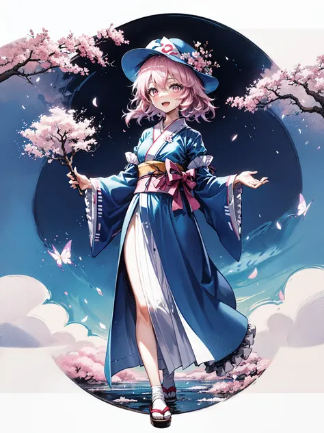 a girl in a blue dress holding a piece of cake in her hand and a moon in the background with pink flowers on it,and a purple background with white flowers and blue sky and pink,and white,and pink,bug,butterfly,cherry blossoms,full moon,moon,saigyouji yuyuko,petals,branch,hand fan,1girl,hat,tree,pink hair,triangular headpiece,night,folding fan,pink flower,flower,spring \(season\),solo,night sky,holding,sky,short hair,blue headwear,japanese clothes,mob cap,holding fan,hanami,smile,wide sleeves,sash,1girl, saigyouji yuyuko, solo, pink hair, hand fan, hat, mob cap, cherry blossoms, triangular headpiece, japanese clothes, butterfly, moon, bug, full moon, blue headwear, short hair, holding fan, pink eyes, blue kimono, kimono, holding, long sleeves, wide sleeves, night, looking at viewer, folding fan, smile, frills, sash, flower, ribbon, hair between eyes, pink flower, night sky, sky, neck ribbon, outdoors, bangs, breasts, obi, open mouth, petals, black ribbon, frilled kimono, tree, blush