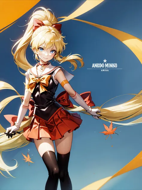 1girl, long hair, aino minako, bow, sailor venus, sailor senshi uniform, blonde hair, solo, orange sailor collar, gloves, magical girl, orange choker, orange skirt, back bow, skirt, red bow, sailor collar, white gloves, choker, hair bow, blue eyes, elbow gloves, half updo, tiara, leaf, chain, jewelry, orange theme, smile, ribbon, very long hair