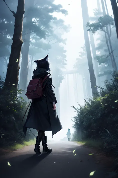 tree, nature, 1girl, forest, outdoors, wolf, glowing, standing, animal, oversized animal, scenery, flower, from behind, plant, bush, grass, bag, water, facing away, path, glowing eyes, solo, white headwear, backpack, fantasy, day, black hair, 1other, holding, short hair, cloak, long sleeves, hat, wide shot, size difference, pantyhose, black footwear, leaf, white hair, walking, animal ears, long hair, road, jacket, blue theme, medium hair, giant, white flower, shadow, boots, black pantyhose, cape, hood