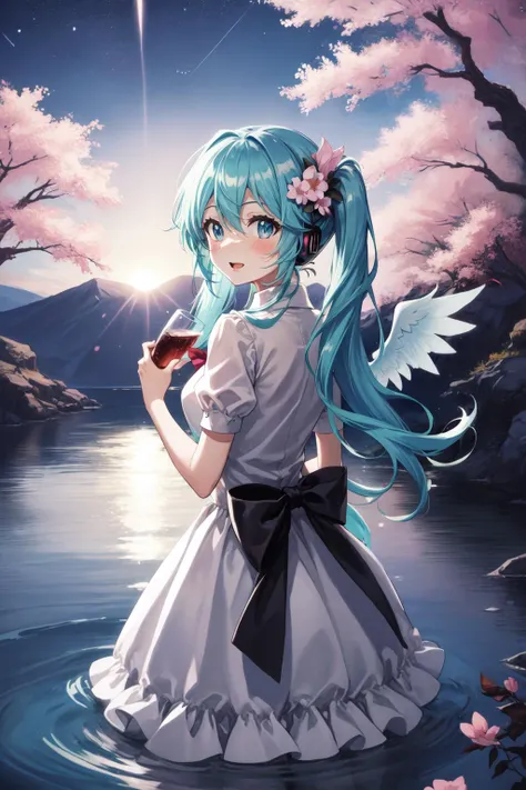 1girl, solo, long hair, flower, hair ornament, hair flower, looking at viewer, blue eyes, sky, cup, blue hair, sunset, short sleeves, water, holding cup, wading, wings, holding, very long hair, dress, starry sky, looking back, star (sky), hinanawi tenshi, outdoors, rock, parted lips, gradient sky, no headwear, puffy short sleeves, white dress, bangs, cloud, twilight, white flower, standing, from behind, drinking glass, blush, puffy sleeves, night, backlighting, from side, leaf, cowboy shot, evening, night sky, shirt, ocean, hatsune miku, white shirt, cherry blossoms, breasts, mountain, hand up, tree, sunrise, sidelocks, ripples, lips, reflection, looking to the side, fruit, smile, pink flower, aqua hair, leaf hair ornament, horizon, peach, ice, partially submerged, lake, bow, hair between eyes, bowtie, feathered wings, sun, ribbon, skirt, open mouth, medium breasts, rose