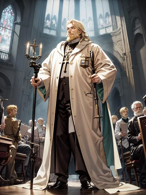 dignified,man,the elderly,Large dorsal head,Blond hair, blond beard,blond eyebrows,Mustache,white clothes,a cane,solo, Muscle, perfect figure, majestic church,archbishop,