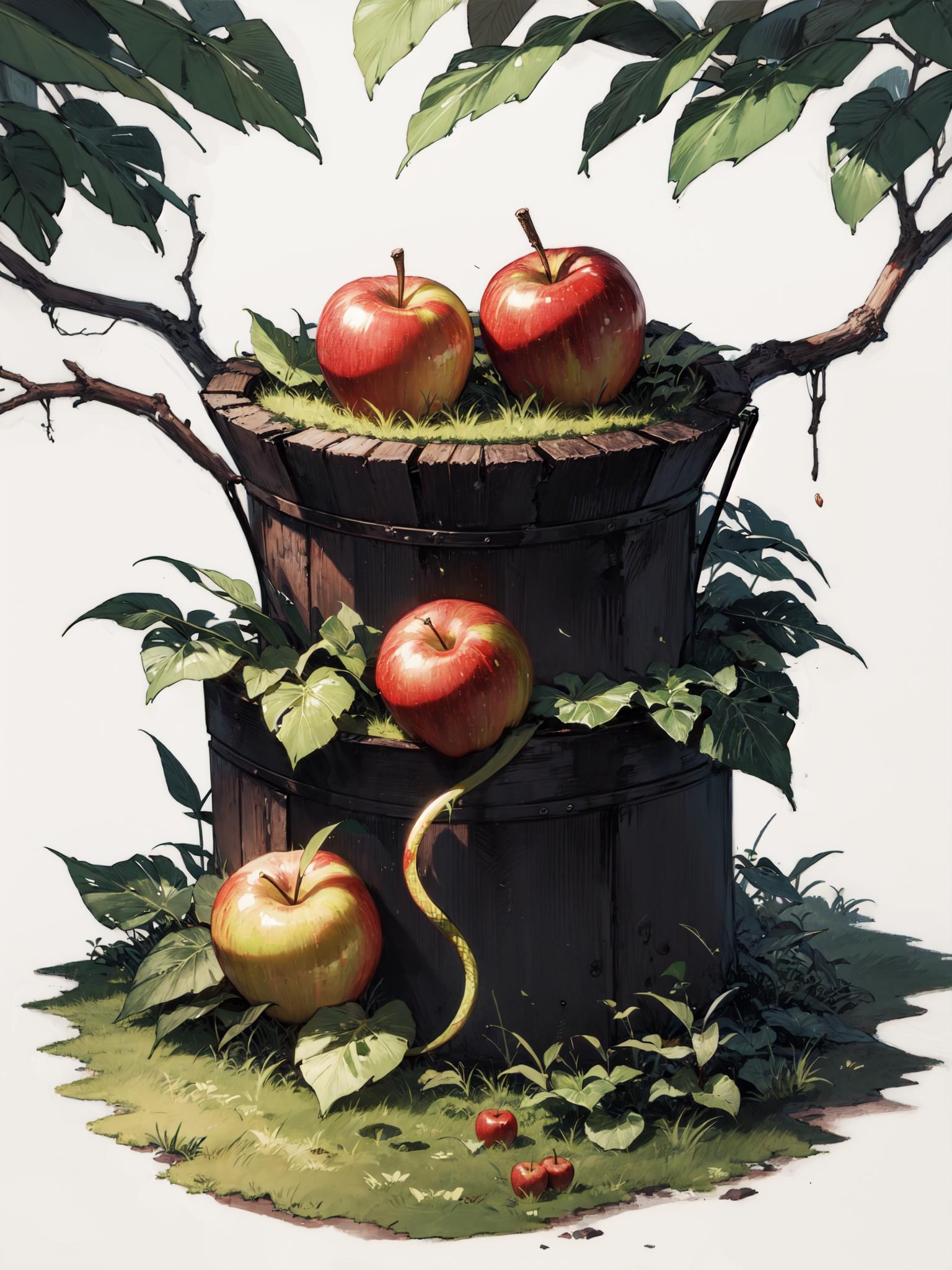 There are apples in a bucket on the ground next to a tree - SeaArt AI