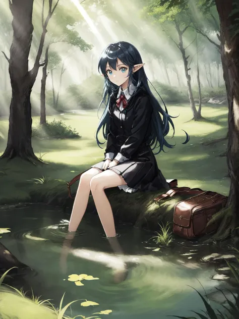 masterpiece, best quality,1girl,sitting, pointy ears, nature, forest, tree, sunlight, outdoors, light rays, water, grass, sunbeam, day, river