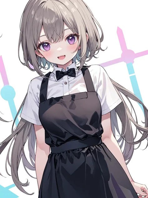 1girl, :d, arms behind back, bangs, blush, bow, bowtie, collarbone, collared shirt, cover, dress shirt, genderswap, grey hair, greyscale, hand on hip, holding food, hood down, light brown hair, light bulb, long hair, looking at viewer, on back, open mouth, oyama mahiro, purple eyes, short hair, short sleeves, sky, sleeveless kimono, smile, solo, very long hair, white background