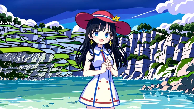 1girl, hat, dress, solo, outdoors, colored inner hair, holding, long hair, ocean, looking at viewer, sun hat, white dress, jewelry, smile, multicolored hair, earrings, day, headwear removed, hat removed, breasts, mole under eye, open mouth, black hair, two-tone hair, pink hair, mole, beach, sky, blush, sundress, cloud, holding clothes, blue sky, pink eyes, holding hat, looking back, :d, bare shoulders, bangs, medium breasts, purple eyes, ribbon, sleeveless dress, water, sleeveless, halterneck, hat ribbon, from behind, dutch angle, standing, horizon, bare arms, sideboob
//,
<lora:GenshinSimpleGraph-000160:1>,