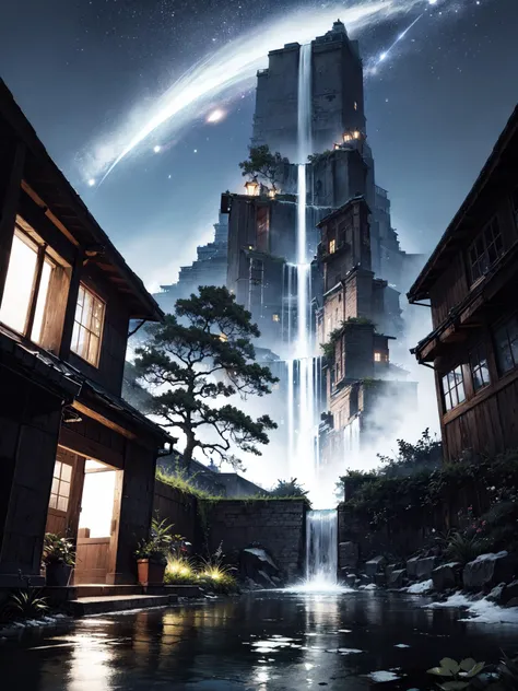 masterpiece, best quality, night, scenery, tree, sky, outdoors, water, night sky, star \(sky\), no humans, starry sky, building, waterfall