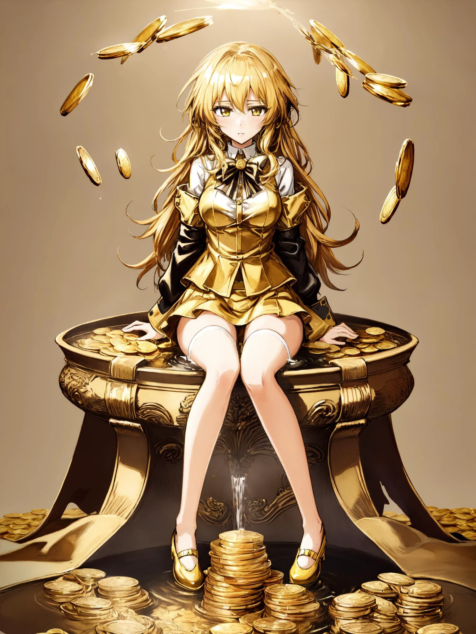 masterpiece, best quality,hentai,1girl,solo,aged down,Exquisite and complex gold coins,(a hill of gold coins:1.2),(Gold coin fountain:1.2),Simple background,White background,