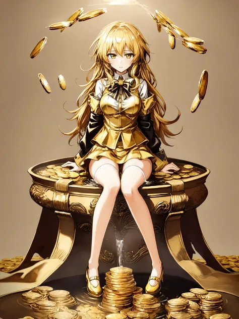 masterpiece, best quality,hentai,1girl,solo,aged down,Exquisite and complex gold coins,(a hill of gold coins:1.2),(Gold coin fountain:1.2),Simple background,White background,