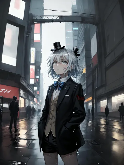 fisheye,anime, titlefont polychrome, glitch, ([broken screen:sky:0.6]),(resversal water drop:1.25)(crack:1.15),
(closed-up:1.15),(cowboy shot:0.8),(1girl:1.3), closed mouth, expressionless,melancholy,looking up and looking at viewer,streaming tears, tears,standing on liquid, solo, grey medium hair,grey eyes,shaded face,standing,blue sky,looking at viewer,top hat decorated by bow,ancnient business suit,long sleeves,hands in pocket
//
in rain,rainy,
(night cyberpunk city) ,reflective water,black liquid splashing,
the surface of the water reflected the bright stars,(prismatic), iridescent,