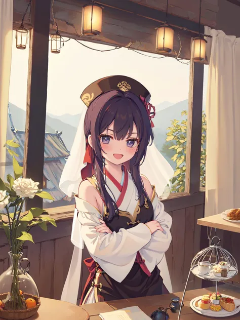 multiple boys, chinese clothes, weapon, cup, long hair, 2boys, sword, teapot, food, open mouth, rabbit, flower, black hair, teacup, brown hair, smile, hanfu, crossed arms, lantern, jar, purple hair, ponytail, fruit, multiple girls, indoors, table, 2girls, holding, sitting, male focus, dress, purple eyes, blue hair, blue eyes, lamp, 1girl, robe, long sleeves, veil, jewelry, :d, yellow eyes, vase, tea, hood, sheath, brown eyes, hair ornament, stuffed toy, necklace, curtains, fairy, looking at viewer, hair bun, bottle, cage, katana, tattoo, holding weapon, instrument, bangs, closed mouth, sheathed, hat, stuffed bunny, 3boys, looking at another