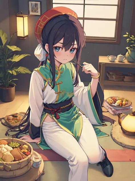 sitting, 1boy, male focus, black hair, solo, long hair, hat, jar, chinese clothes, indoors, black footwear, jewelry, lattice, food, bandages, looking at viewer, white pants, anklet, flats, lantern, bowl, low ponytail, bandaged leg, wide sleeves, kettle, window, long sleeves, knee up, hair between eyes, pants, bamboo steamer, frown, shoes, full body, closed mouth, ponytail, jacket on shoulders, jacket, very long hair, tassel, on floor, green eyes, blue eyes, teapot, bangs, soup, vase, plate, leaf, arm support, yellow headwear, paper lantern, earrings, sash, white jacket, wooden floor, cabinet, round window, aqua eyes, hand on own knee, cup, scroll, bracelet, plant, east asian architecture, spoon, leg wrap, sidelocks, shelf, bottle