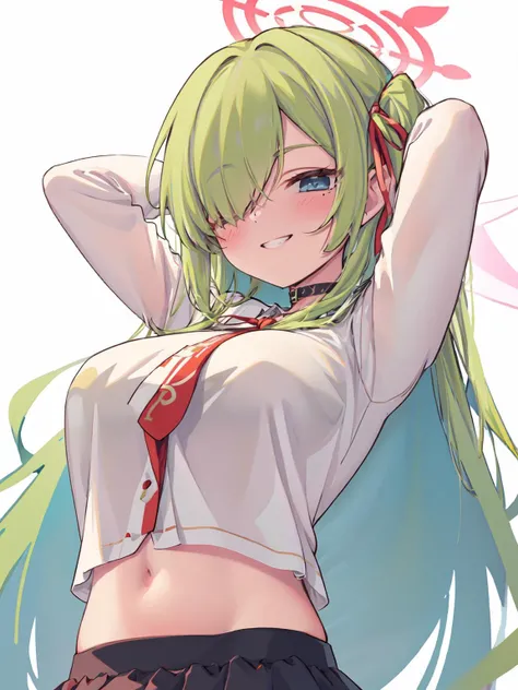 1girl, asuna (blue archive), breasts, solo, navel, long hair, smile, large breasts, underboob, shirt, halo, blue eyes, looking at viewer, hair over one eye, grin, white shirt, blue ribbon, choker, arms up, stomach, bangs, ribbon, hair ribbon, long sleeves, collared shirt, simple background, blush, arms behind head, skirt, white background, very long hair, midriff, eyes visible through hair, no bra, mole, crop top, upper body, light brown hair