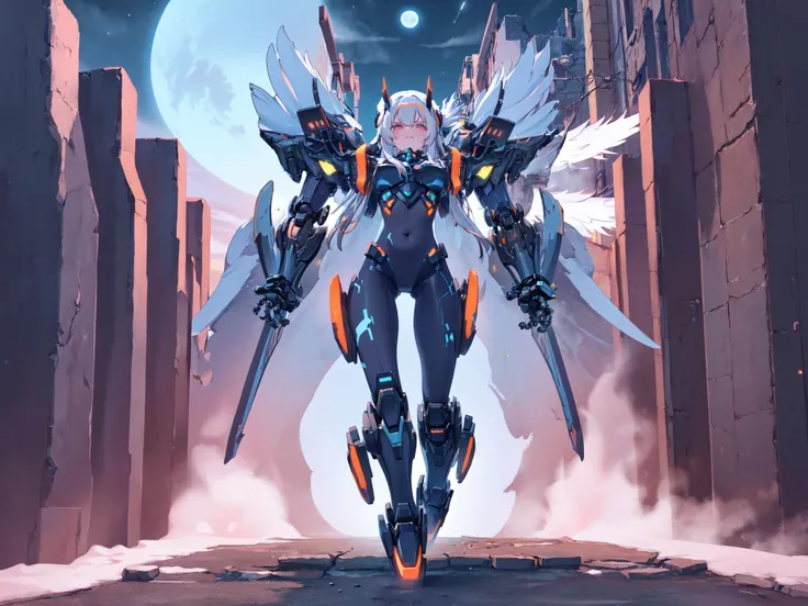 masterpiece,medium brests,(best quality),highres,solo,a girl inside ruins,white hair and red pupil surrounded by many glowing feathers,angel,ruined city,emotionless,detailed face,
night with bright colorful lights whith richly layered clouds and clouded moon in the detailed sky,a lot of glowing particles,long hair,(mecha clothes),robot girl,cool movement,sliver bodysuit,
filigree,delicate and (intricate) hair,((sliver)) and (broken) body,blue streaked hair,full body,Depth of field,navel,black cloak,
,mecha musume,mechanical parts,robot joints,headgear,