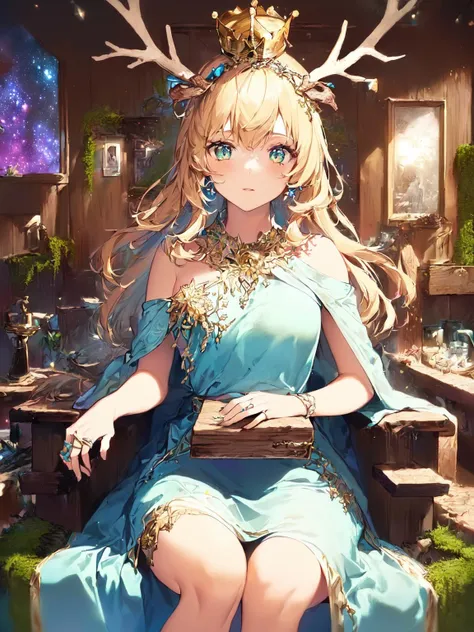 ((best quality)), ((masterpiece)), ((ultra-detailed)), (illustration), (detailed light), (an extremely delicate and beatiful),((solo)),((a beautiful girl:1.45)),
(((cowboy shot))),((sitting on throne)),(((galaxy adorns beautiful colorful dress)+crown):1.35),(beautiful eyes),((white hai)),((antlers)),Elf ears,(wood
clock background:1.25),(Saturn ring2.2),((moss)),(Tree house interior),(nature)