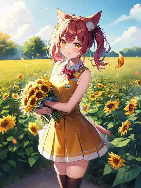dandelion, fireworks, flower, holding_flower, sunflower, sunflower_hair_ornament, yellow_flower, pom_pom_\(cheerleading\), yellow_rose, flower_field, bouquet, aerial_fireworks, hauchiwa, kazami_yuuka, yellow_bowtie, cat_ears, animal_ears, french_fries, field, orange_flower, vase, watering_can, spider_lily, low_twintails, fox_tail, day, yakumo_ran, sparkler, multiple_tails, holding_bouquet, cat_tail, daisy, cheerleader, bee, tulip, ginkgo_leaf, outdoors, bug, yellow_butterfly, bow, chibi, butterfly, hat_flower, tail, yellow_theme, 1girl, animal_ear_legwear, :3, yellow_bow, twintails, solo, pink_hair