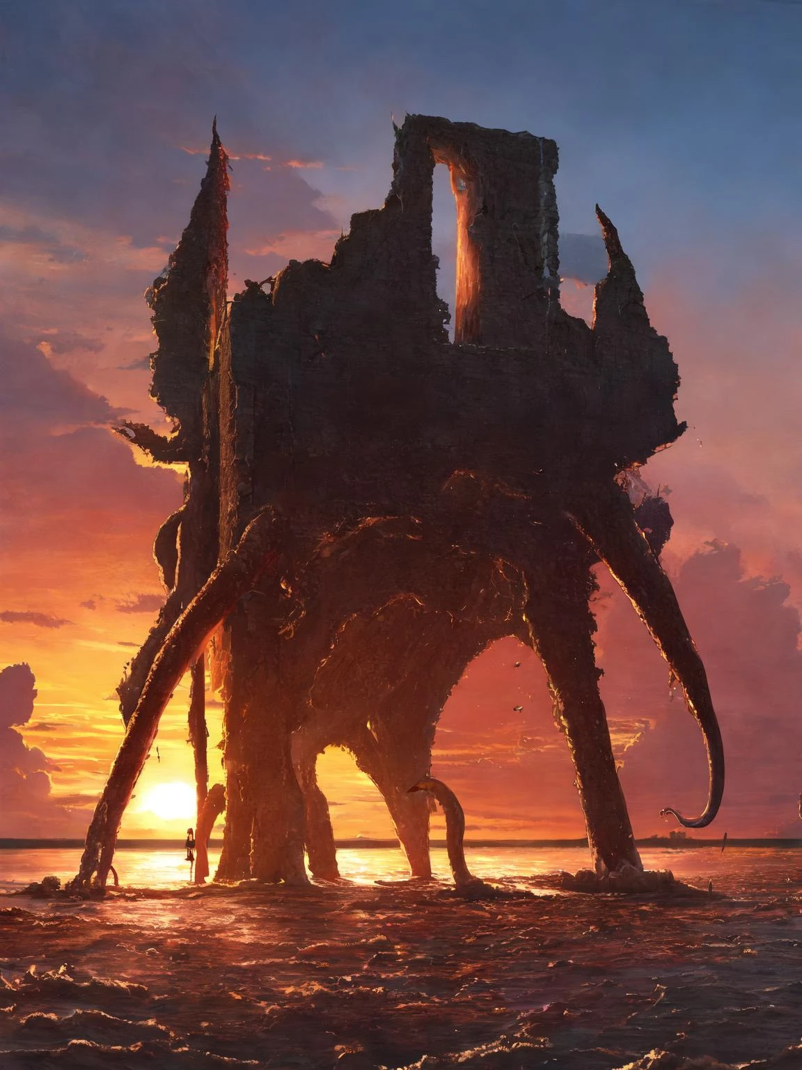 kemonomimi mode,sunset,ocean,ruins,(Cthulhu),