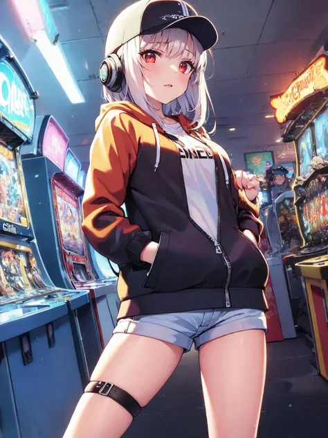 ((masterpiece)), (((best quality))), ((illustration)),(depth of field:1.2),solo,dynamic angle,(1 girl:1.3),bangs,headphones,red eyes,white hair,(disheveled hair),Baseball cap,(jacket|hoodie),jeans,thigh strap,hands in pocket,cowboy shot,Moody Lighting,(arcade games:1.1),(Game Center:1.5),(Game Hall:1.1),(backlight:1.3),intricate detail,cyberpunk,slot machine,claw crane game machine,(crowd:1.1),(Pixel particles exploding:1.2)