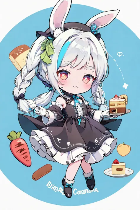 1girl, virtual youtuber, usada pekora, food-themed hair ornament, chibi, blue hair, solo, red eyes, :3, braid, long hair, carrot hair ornament, twin braids, white hair, rabbit ears, hair ornament, food, animal ears, multicolored hair, carrot, rabbit girl, don-chan (usada pekora), two-tone hair, plate, cake, hat, gloves, twintails, thick eyebrows, bangs